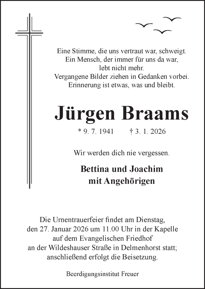  Traueranzeige für Jürgen Braams vom 10.01.2026 aus DK Medien GmbH & Co. KG