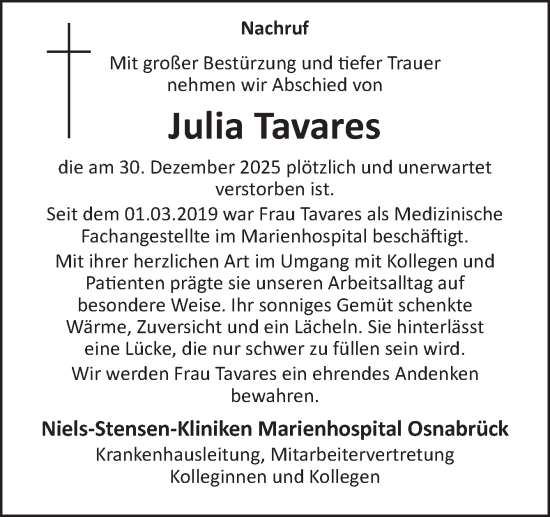 Traueranzeige von Julia Tavares von Neue Osnabrücker Zeitung GmbH & Co. KG