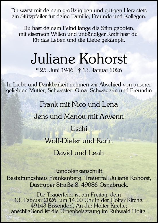 Traueranzeige von Juliane Kohorst von Neue Osnabrücker Zeitung GmbH & Co. KG