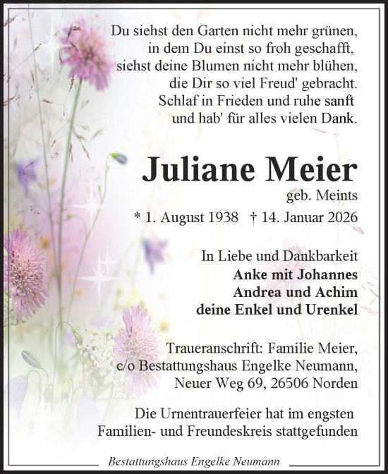 Traueranzeige von Juliane Meier von Ostfriesischer Kurier / Norderneyer Badezeitung