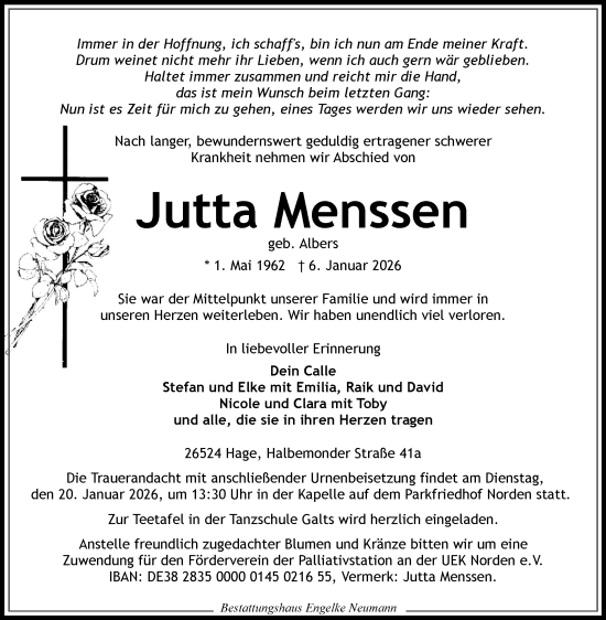Traueranzeige von Jutta Menssen von Ostfriesischer Kurier GmbH