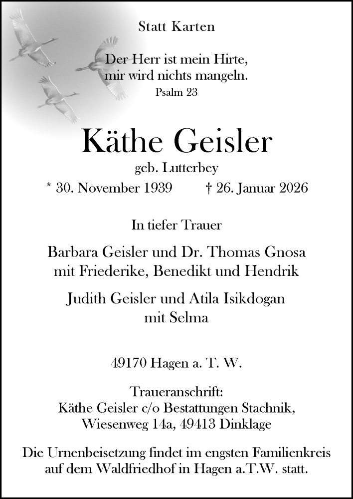  Traueranzeige für Käthe Geisler vom 31.01.2026 aus Neue Osnabrücker Zeitung GmbH & Co. KG