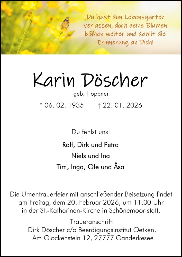 Traueranzeige für Karin Döscher vom 31.01.2026 aus DK Medien GmbH & Co. KG