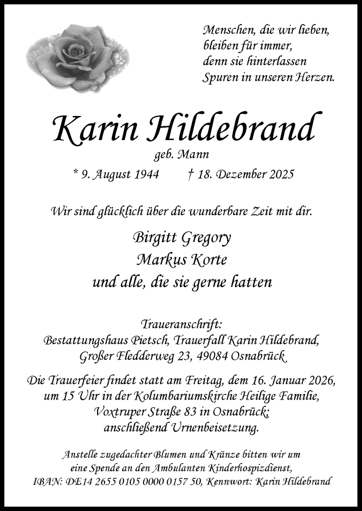  Traueranzeige für Karin Hildebrand vom 03.01.2026 aus Neue Osnabrücker Zeitung GmbH & Co. KG