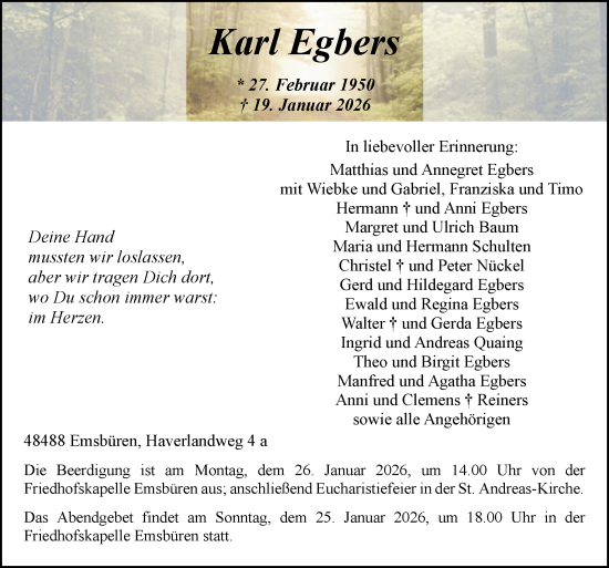 Traueranzeige von Karl Egbers von Neue Osnabrücker Zeitung GmbH & Co. KG