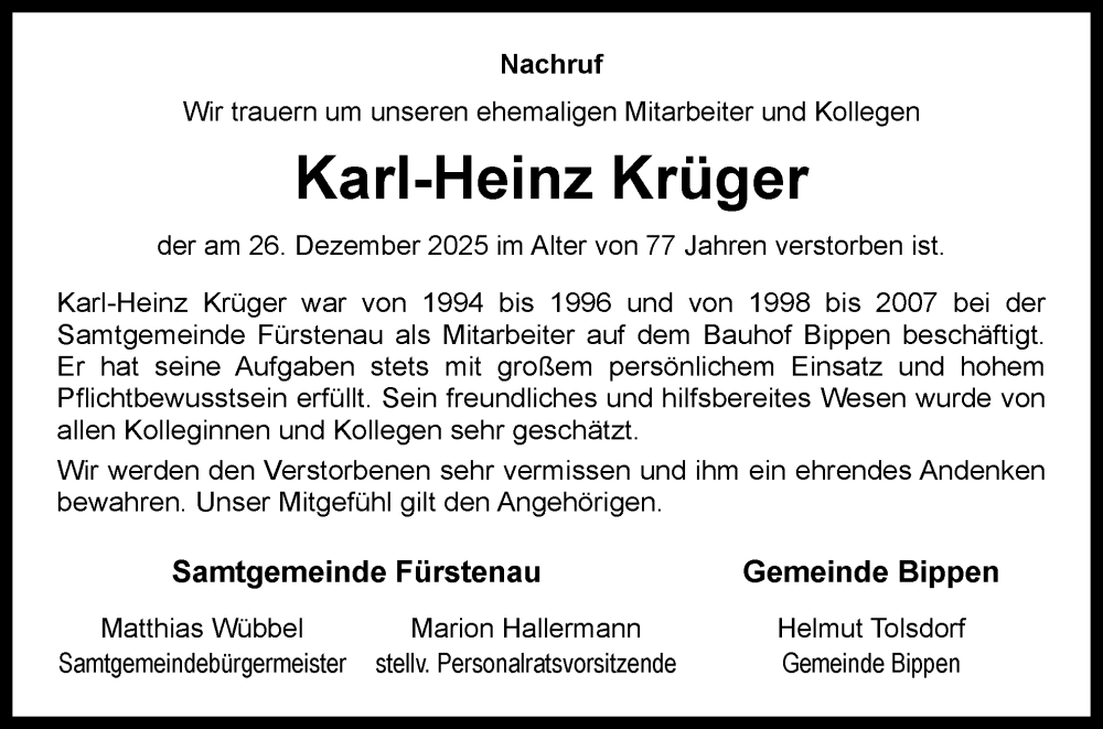  Traueranzeige für Karl-Heinz Krüger vom 17.01.2026 aus Neue Osnabrücker Zeitung GmbH & Co. KG