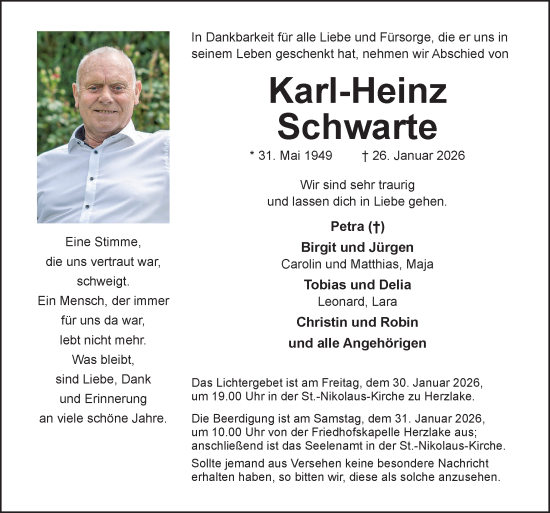 Traueranzeige von Karl-Heinz Schwarte von Neue Osnabrücker Zeitung GmbH & Co. KG