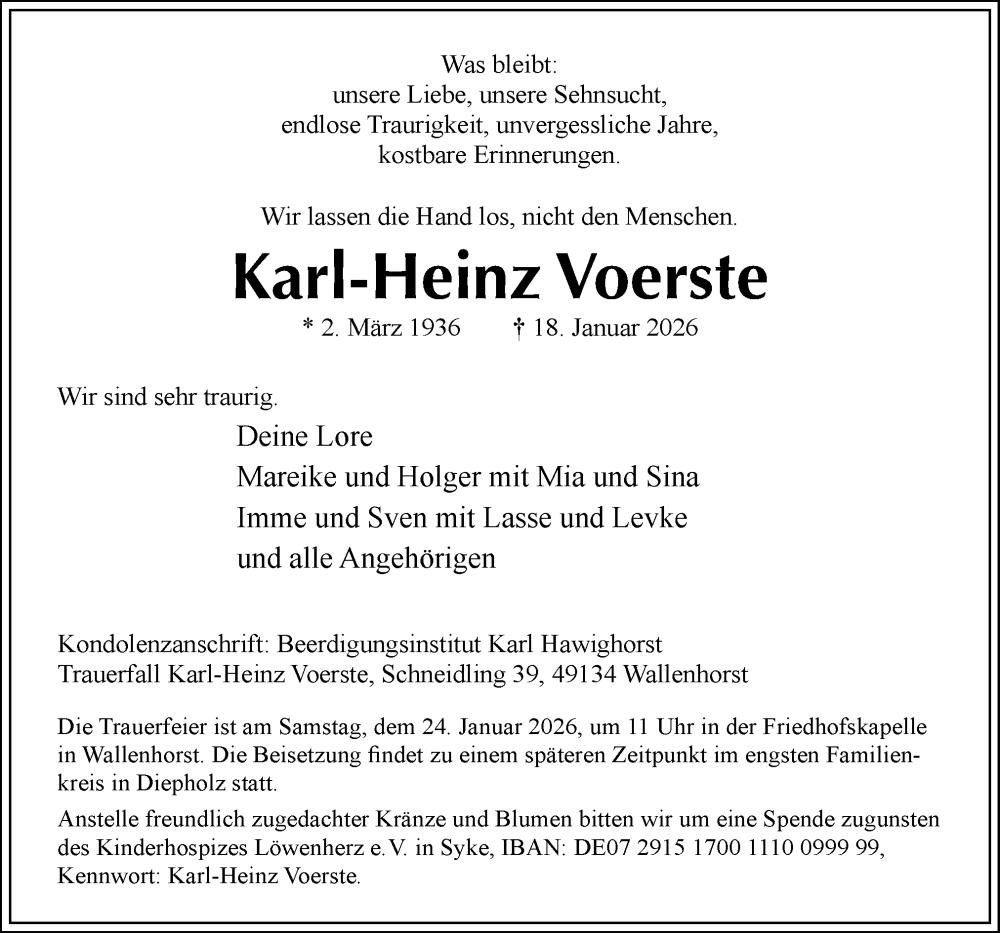  Traueranzeige für Karl-Heinz Voerste vom 21.01.2026 aus Neue Osnabrücker Zeitung GmbH & Co. KG