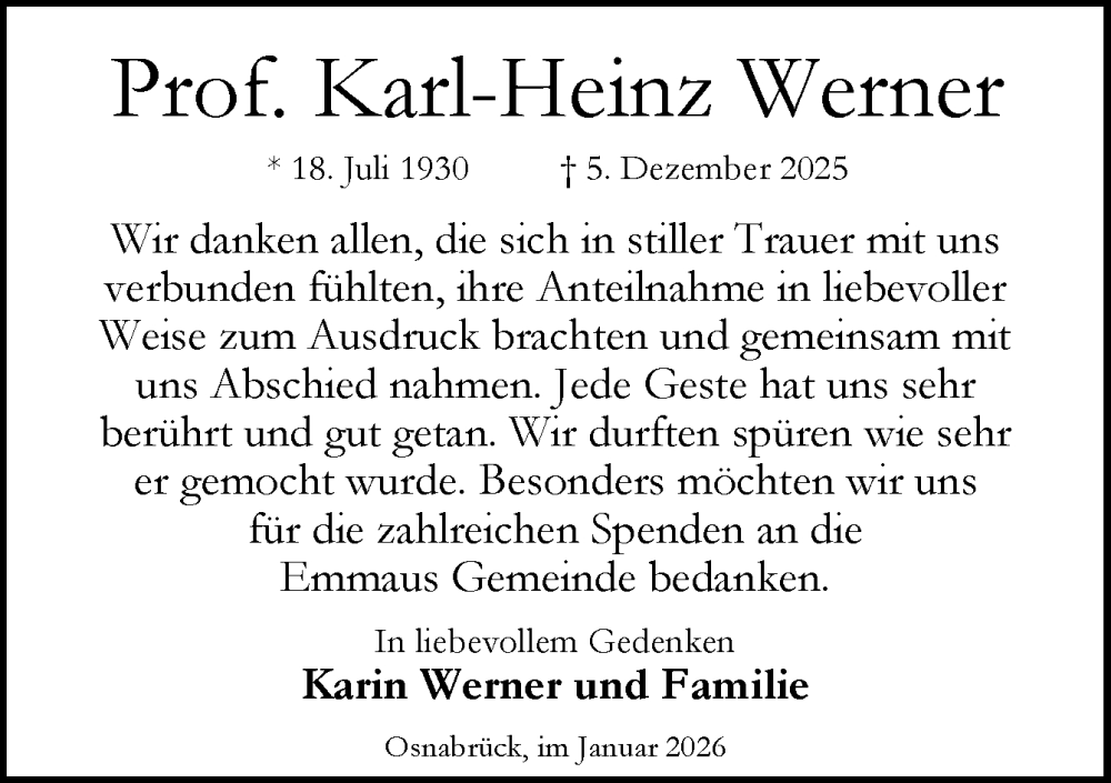 Traueranzeige für Karl-Heinz Werner vom 17.01.2026 aus Neue Osnabrücker Zeitung GmbH & Co. KG