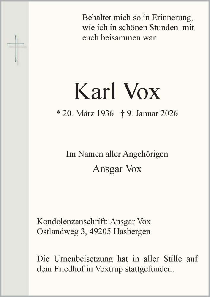  Traueranzeige für Karl Vox vom 24.01.2026 aus Neue Osnabrücker Zeitung GmbH & Co. KG
