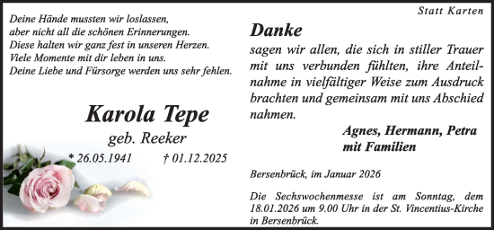 Traueranzeige von Karola Tepe von Neue Osnabrücker Zeitung GmbH & Co. KG