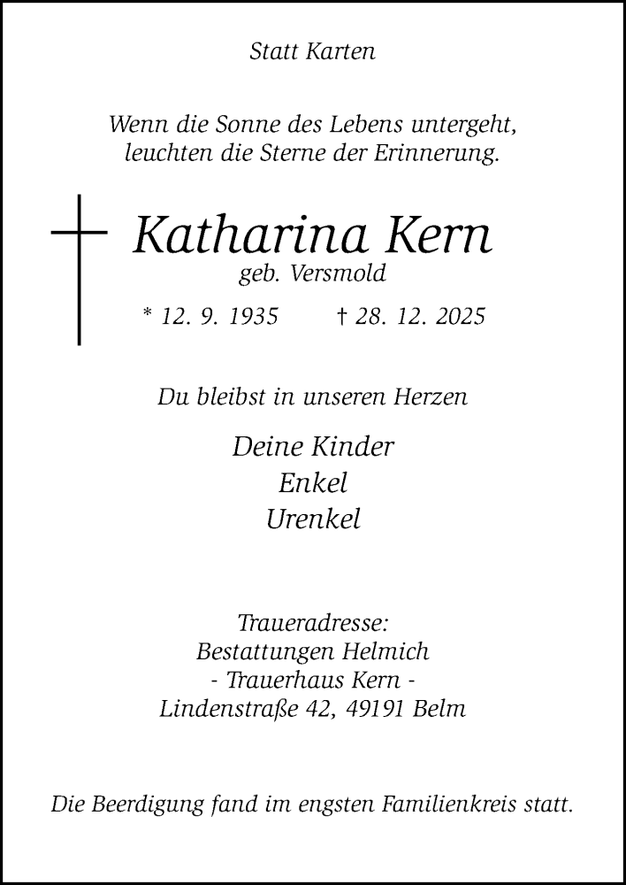  Traueranzeige für Katharina Kern vom 10.01.2026 aus Neue Osnabrücker Zeitung GmbH & Co. KG