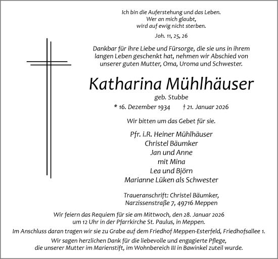 Traueranzeige von Katharina Mühlhäuser von Neue Osnabrücker Zeitung GmbH & Co. KG