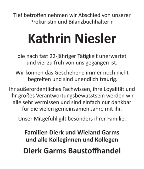 Traueranzeige von Kathrin Niesler von DK Medien GmbH & Co. KG