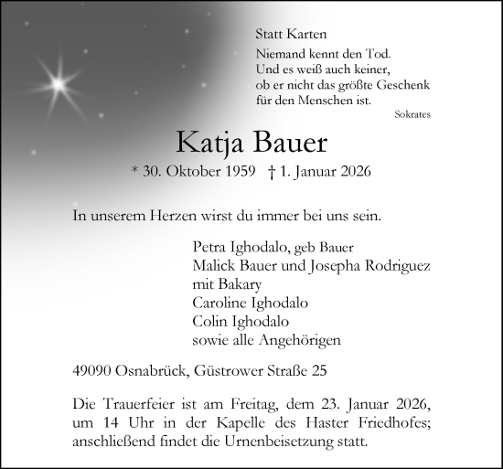 Traueranzeige von Katja Bauer von Neue Osnabrücker Zeitung GmbH & Co. KG