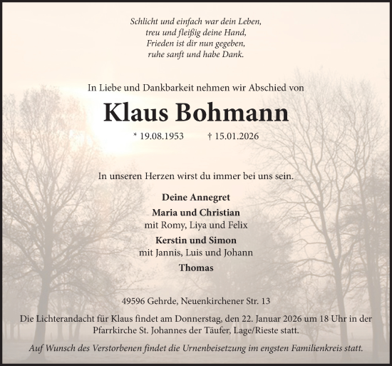 Traueranzeige von Klaus Bohmann von Neue Osnabrücker Zeitung GmbH & Co. KG