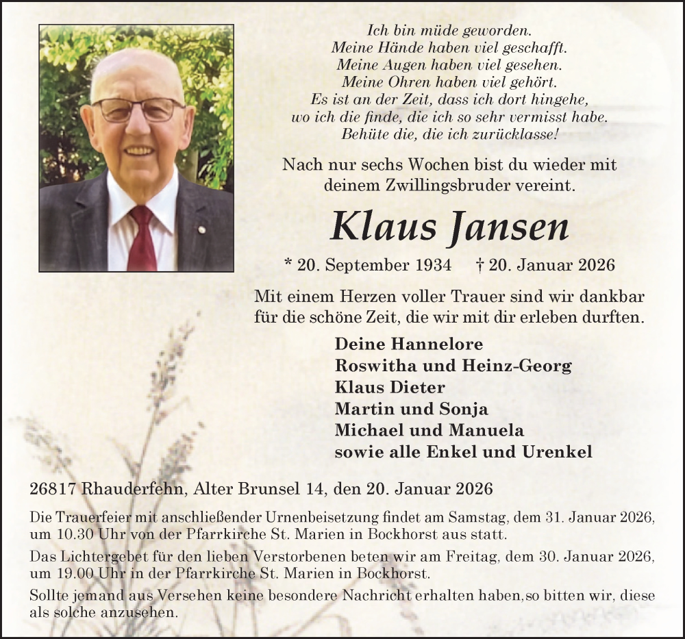  Traueranzeige für Klaus Jansen vom 24.01.2026 aus Neue Osnabrücker Zeitung GmbH & Co. KG