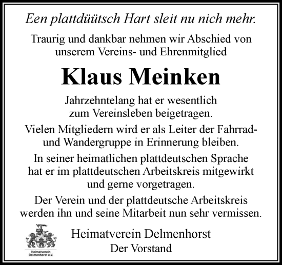 Traueranzeige von Klaus Meinken von DK Medien GmbH & Co. KG