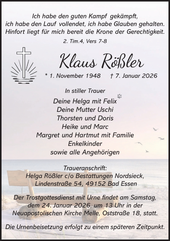 Traueranzeige von Klaus Rößler von Neue Osnabrücker Zeitung GmbH & Co. KG