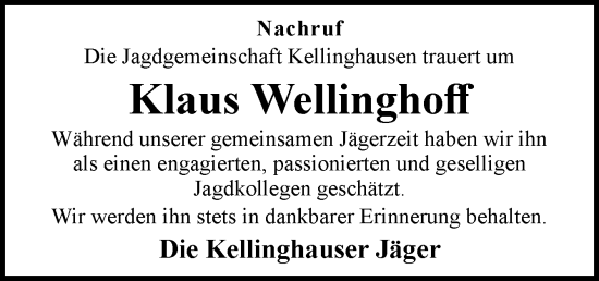 Traueranzeige von Klaus Wellinghoff von Neue Osnabrücker Zeitung GmbH & Co. KG