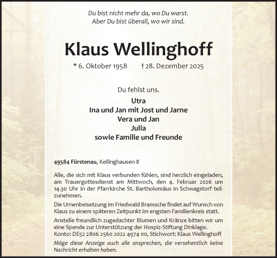 Traueranzeige von Klaus Wellinghoff von Neue Osnabrücker Zeitung GmbH & Co. KG