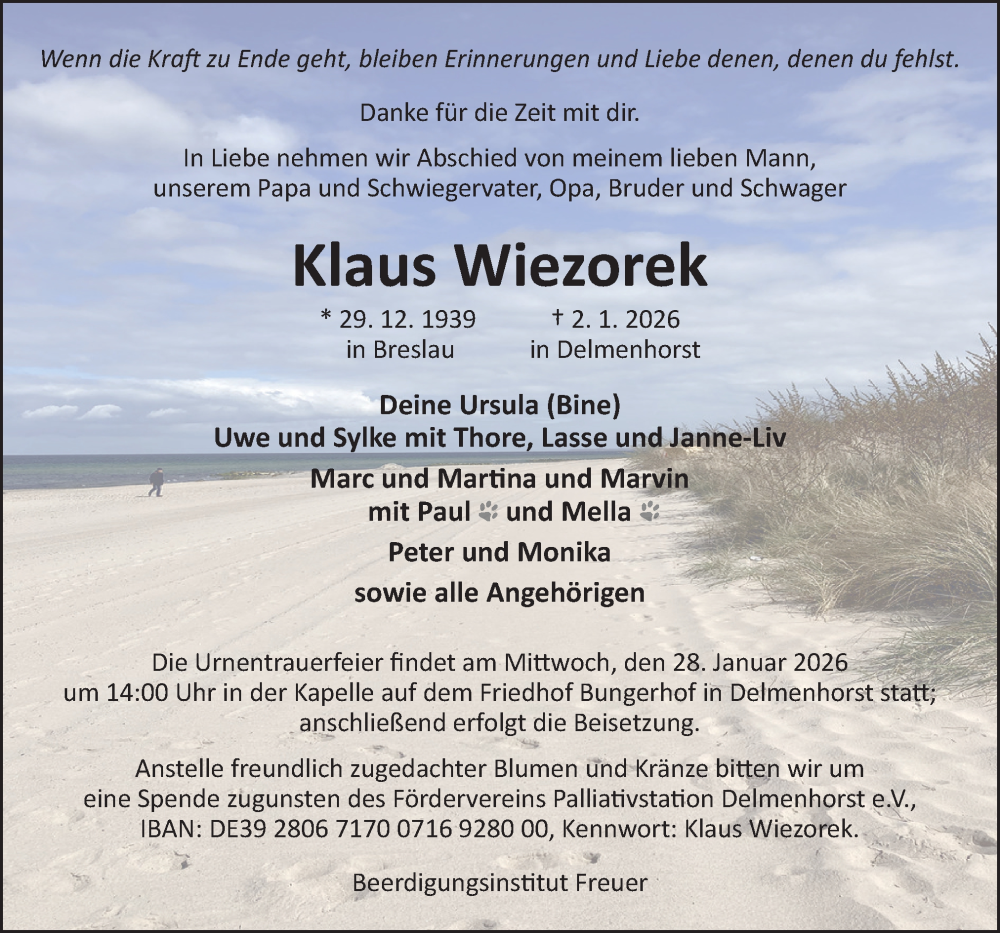 Traueranzeige für Klaus Wiezorek vom 10.01.2026 aus DK Medien GmbH & Co. KG