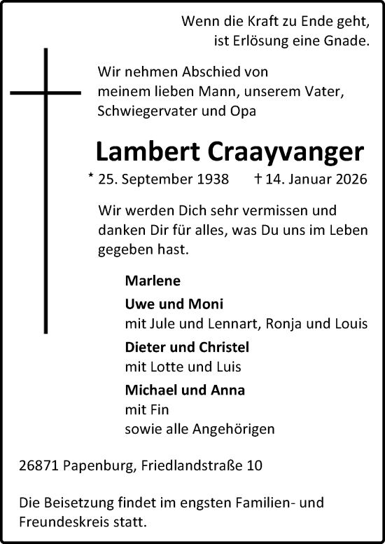 Traueranzeige von Lambert Craayvanger von Neue Osnabrücker Zeitung GmbH & Co. KG