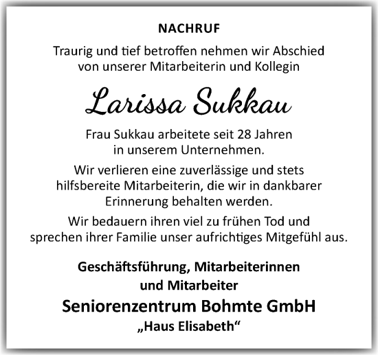 Traueranzeige von Larissa Sukkau von Neue Osnabrücker Zeitung GmbH & Co. KG