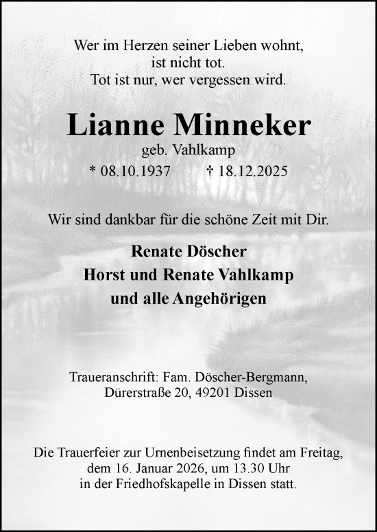 Traueranzeige von Lianne Minneker von Neue Osnabrücker Zeitung GmbH & Co. KG