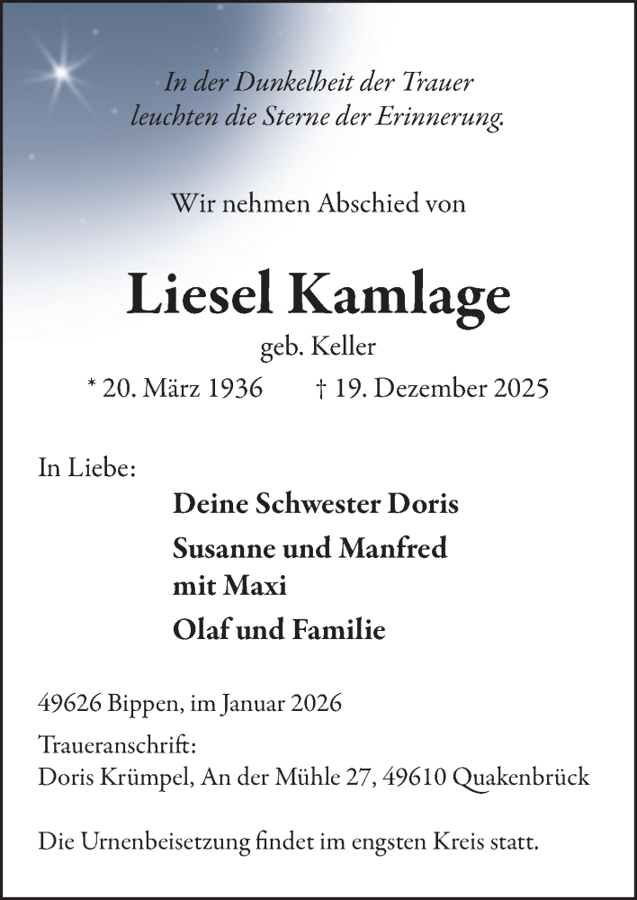  Traueranzeige für Liesel Kamlage vom 03.01.2026 aus Neue Osnabrücker Zeitung GmbH & Co. KG