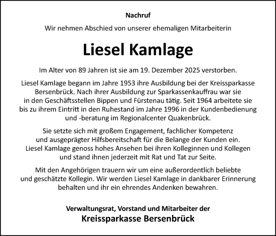 Traueranzeige von Liesel Kamlage von Neue Osnabrücker Zeitung GmbH & Co. KG