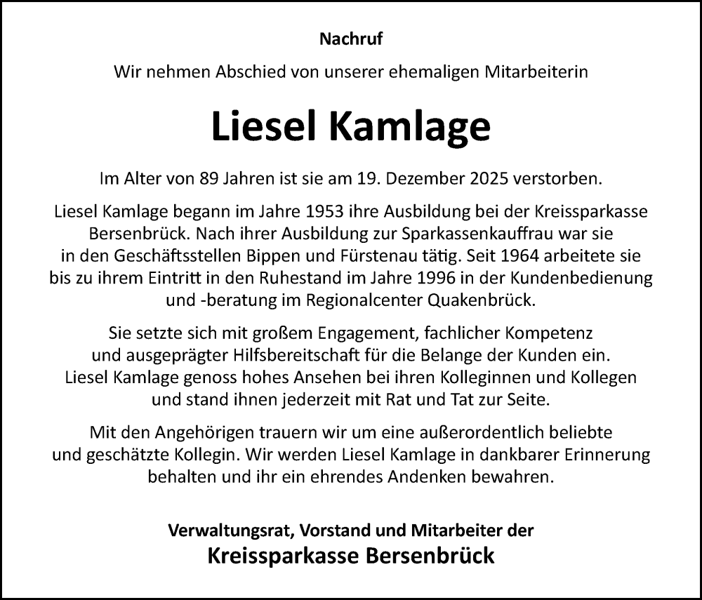  Traueranzeige für Liesel Kamlage vom 08.01.2026 aus Neue Osnabrücker Zeitung GmbH & Co. KG