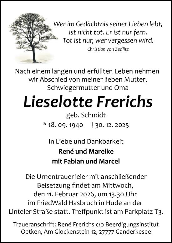Traueranzeige von Lieselotte Frerichs von DK Medien GmbH & Co. KG