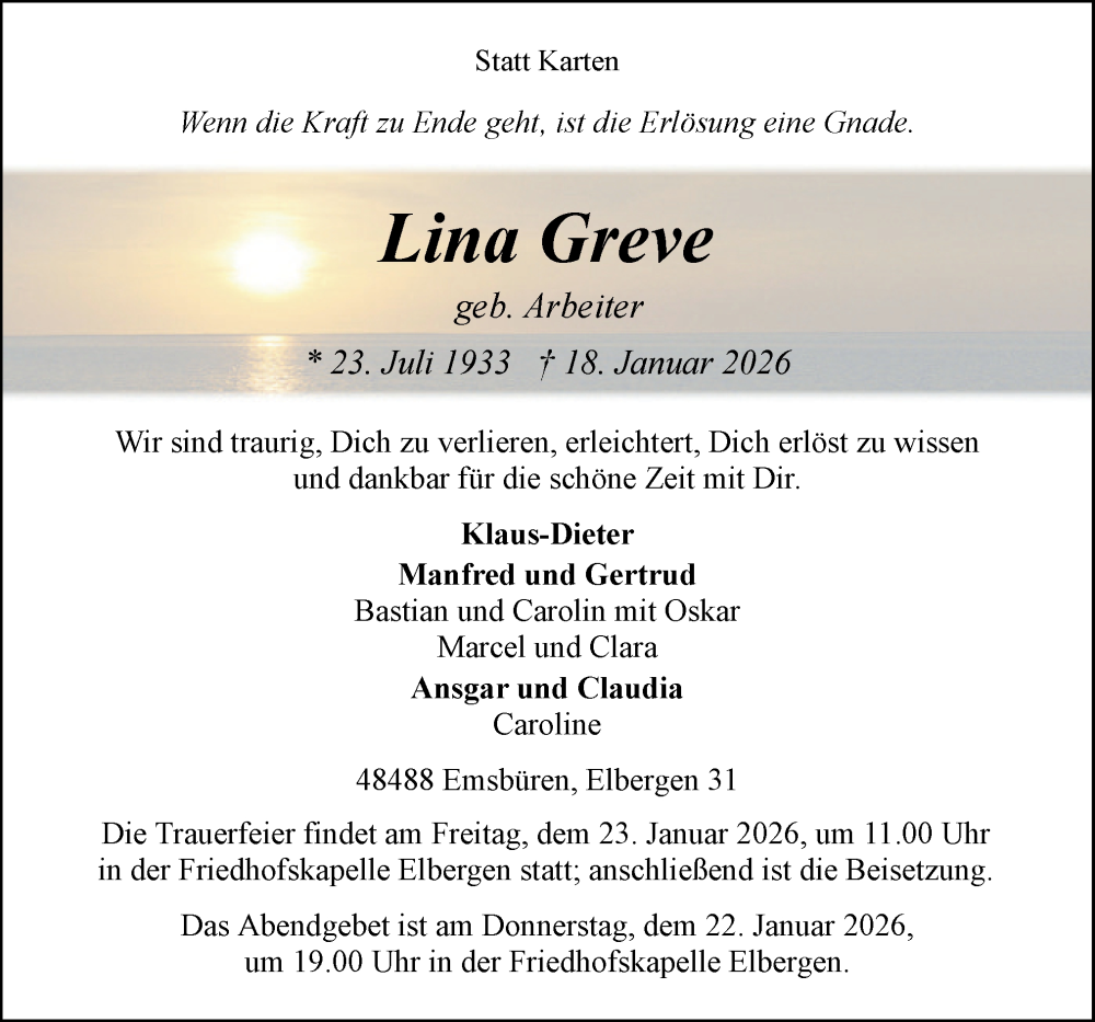  Traueranzeige für Lina Greve vom 21.01.2026 aus Neue Osnabrücker Zeitung GmbH & Co. KG
