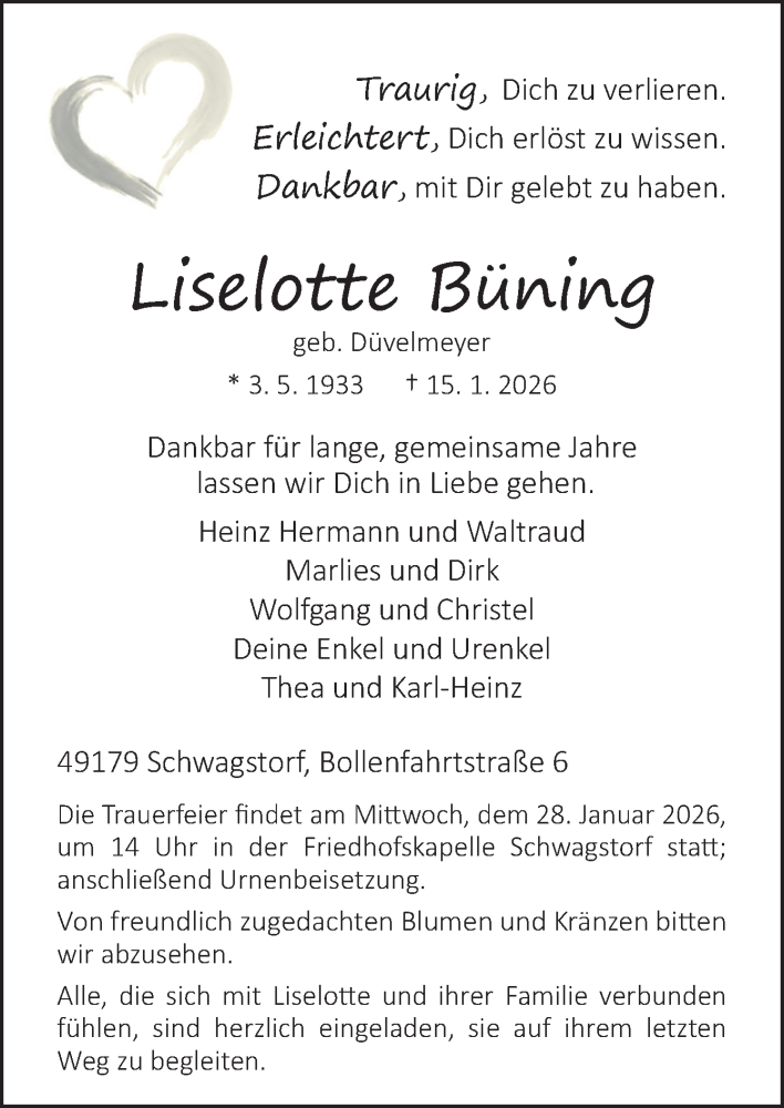  Traueranzeige für Liselotte Büning vom 24.01.2026 aus Neue Osnabrücker Zeitung GmbH & Co. KG