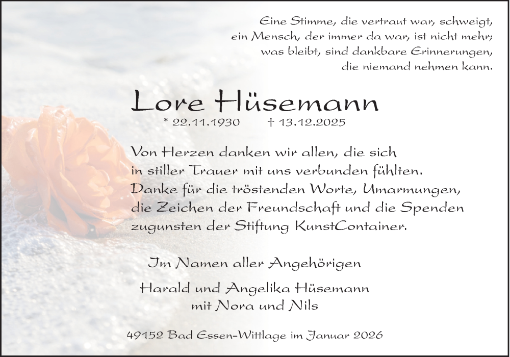  Traueranzeige für Lore Hüsemann vom 31.01.2026 aus Neue Osnabrücker Zeitung GmbH & Co. KG