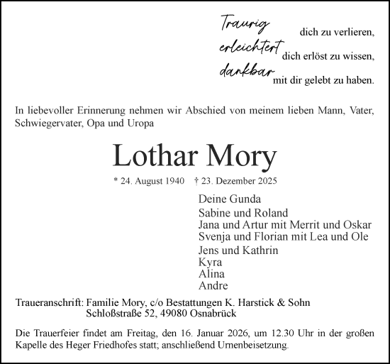 Traueranzeige von Lothar Mory von Neue Osnabrücker Zeitung GmbH & Co. KG