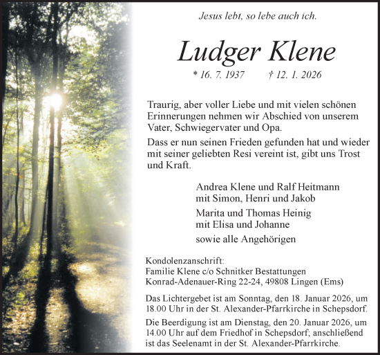 Traueranzeige von Ludger Klene von Neue Osnabrücker Zeitung GmbH & Co. KG