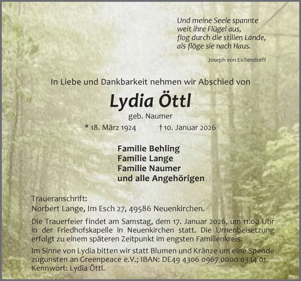  Traueranzeige für Lydia Öttl vom 13.01.2026 aus Neue Osnabrücker Zeitung GmbH & Co. KG