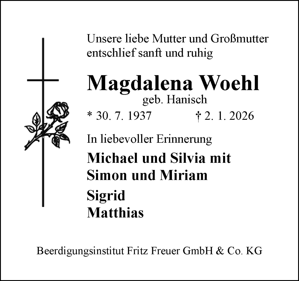  Traueranzeige für Magdalena Woehl vom 10.01.2026 aus DK Medien GmbH & Co. KG