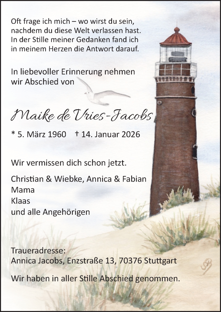  Traueranzeige für Maike de Vries-Jacobs vom 24.01.2026 aus Neue Osnabrücker Zeitung GmbH & Co. KG