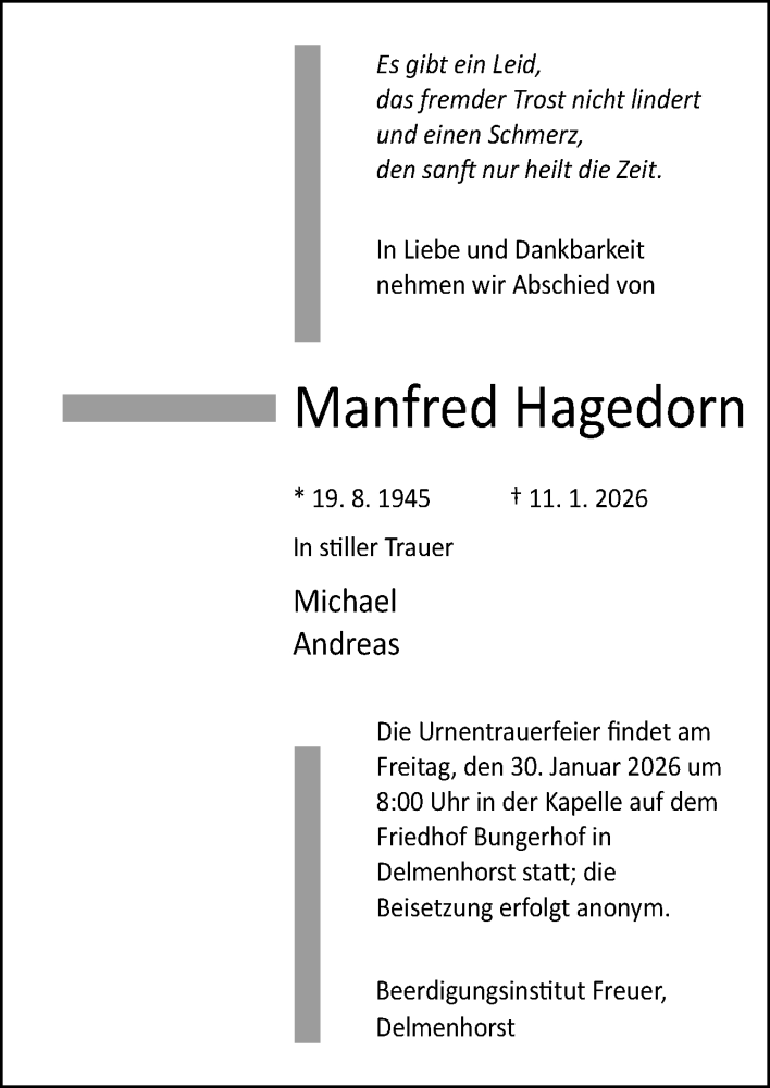  Traueranzeige für Manfred Hagedorn vom 24.01.2026 aus DK Medien GmbH & Co. KG