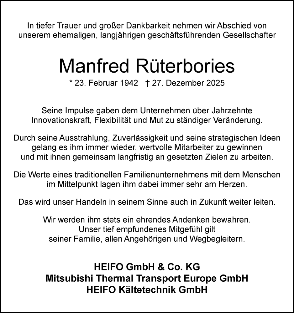  Traueranzeige für Manfred Rüterbories vom 03.01.2026 aus Neue Osnabrücker Zeitung GmbH & Co. KG