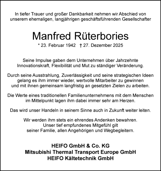 Traueranzeige von Manfred Rüterbories von Neue Osnabrücker Zeitung GmbH & Co. KG