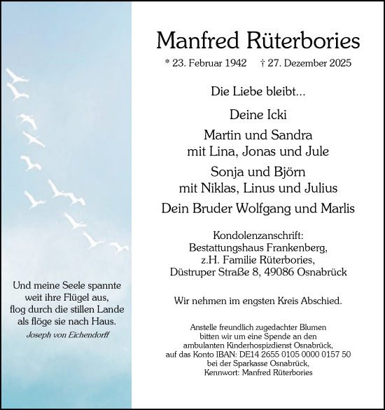 Traueranzeige von Manfred Rüterbories von Neue Osnabrücker Zeitung GmbH & Co. KG