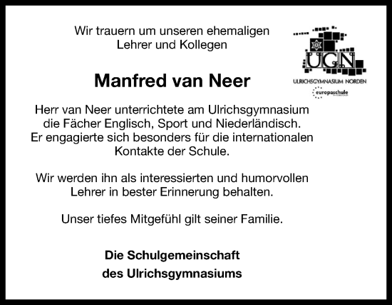 Traueranzeige von Manfred van Neer von Ostfriesischer Kurier / Norderneyer Badezeitung