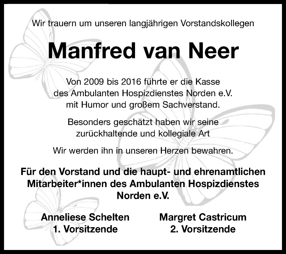  Traueranzeige für Manfred van Neer vom 24.01.2026 aus Ostfriesischer Kurier GmbH