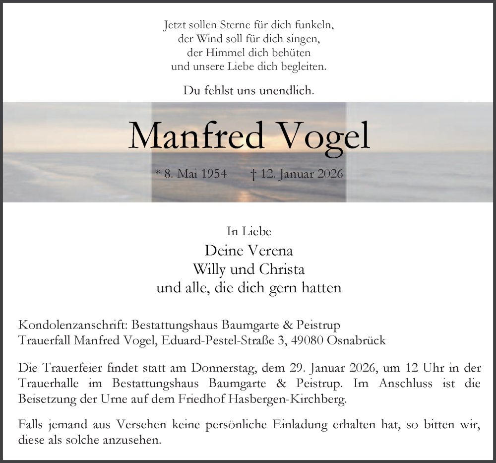  Traueranzeige für Manfred Vogel vom 24.01.2026 aus Neue Osnabrücker Zeitung GmbH & Co. KG