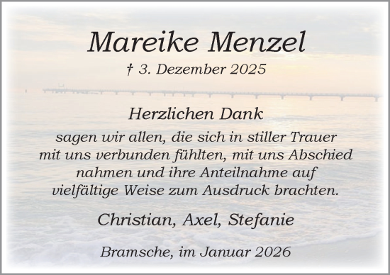 Traueranzeige von Mareike Menzel von Neue Osnabrücker Zeitung GmbH & Co. KG