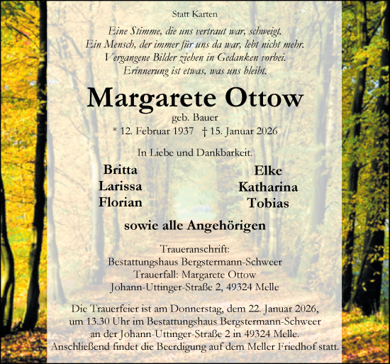 Traueranzeige von Margarete Ottow von Neue Osnabrücker Zeitung GmbH & Co. KG